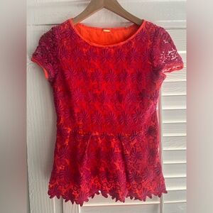 Elie Tahari pink crochet peplum top